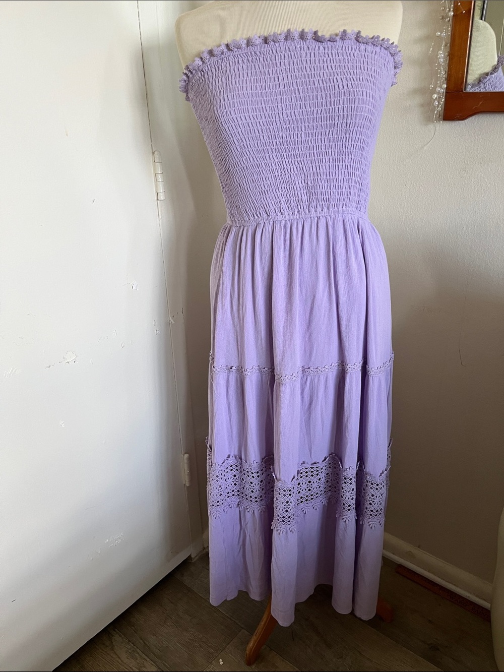 ZESICA Lavender Smocked Shirred Bodice Dress Strapless Maxi Bohemian Size M